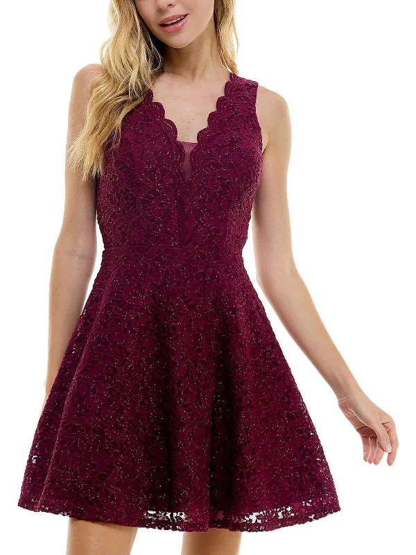 Women's Casual Garments Juniors Womens Lace Glitter Fit & Flare Dress