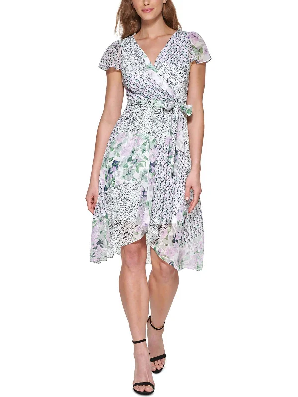 Casual Weekend Relaxed Style Petites Womens Chiffon Faux-Wrap Fit & Flare Dress
