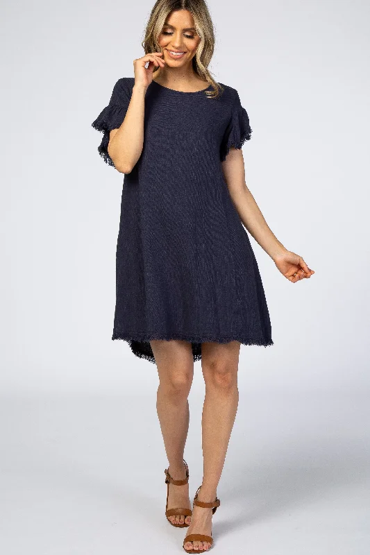 Exclusive Discounts Available Now Navy Frayed Trim Back Keyhole Linen Dress