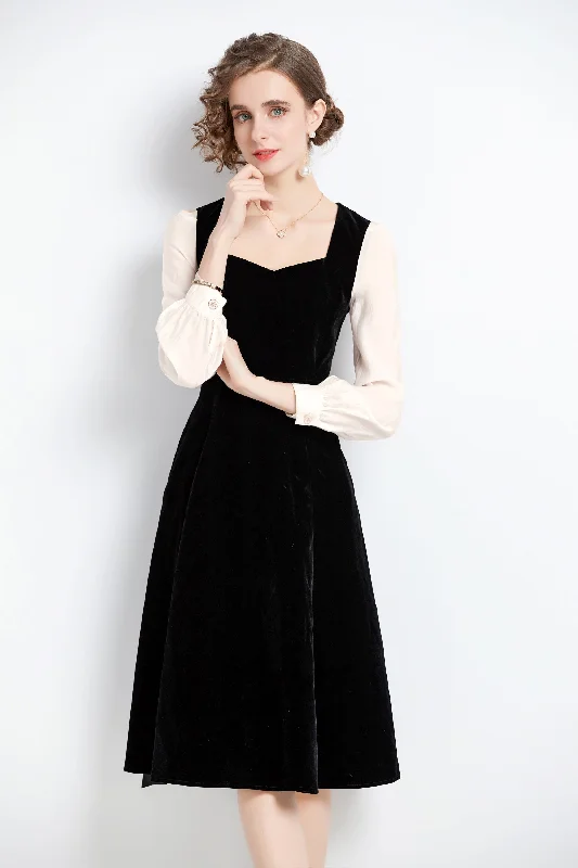 Street Style Fashion Black & White Office A-line Sweetheart Neck Long Sleeve Knee Dress