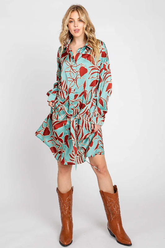 Stock Up On Your Favorites While It Lasts Brown Leaf Print Satin Button Down Dress