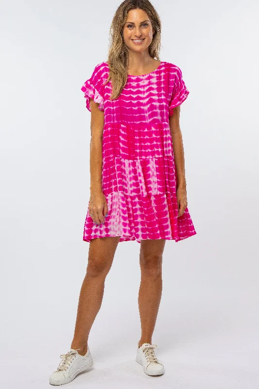 Big Savings On Stylish Women's Apparel Collections Fuchsia Tie Die Pleated Ruffle Tier Dress