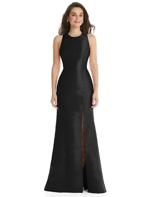 Huge Price Cut Jewel Neck Bowed Open-Back Trumpet Dress with Front Slit