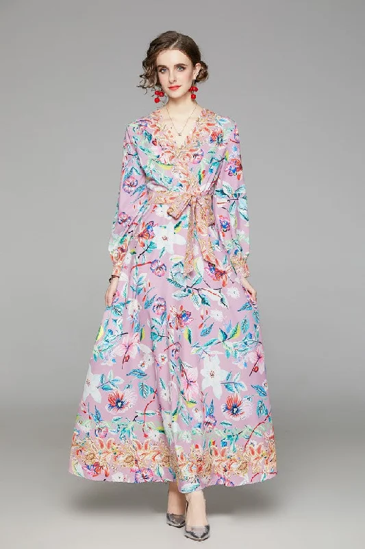 Women's Clothing Sale Pink & Flower print Day A-line V-neck Long Sleeve Tea Dress