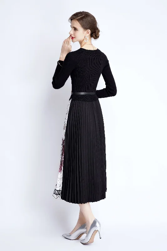 Trend Driven Wardrobe Black & White Cocktail A-line Crewneck Long Sleeve Maxi Pleated Dress