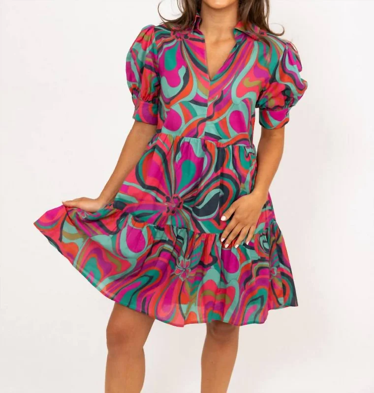 End-Of-Season Clearance Multi Jewel Swirl Vneck Collar Dress In Magenta