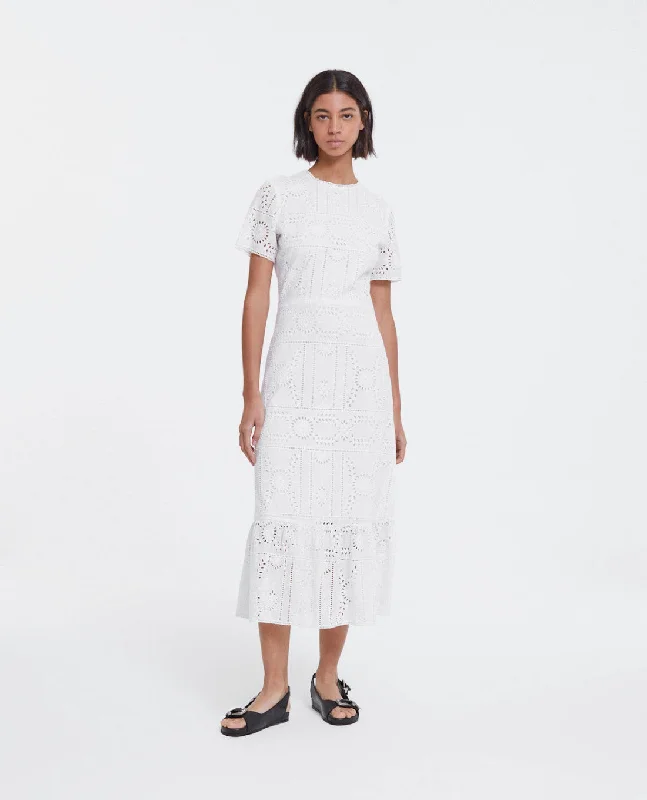 Huge Markdowns Long White Embroidered Dress With Crew Neck