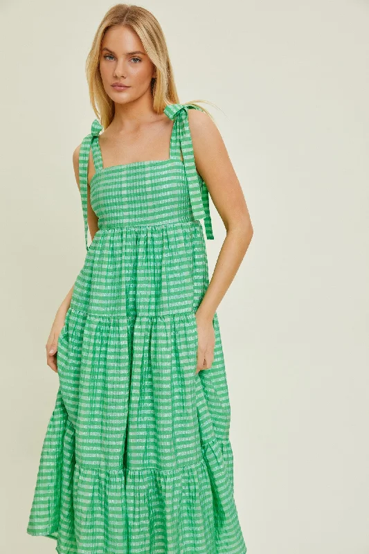 Elegant Style Green Gingham Shoulder Tie Dress
