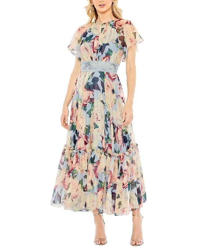 Seasonal Fashion Mac Duggal High Neck Flutter Sleeve Ruffle Hem Dress