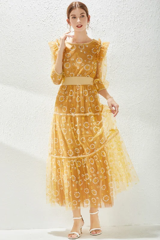 Easygoing Women's Style Yellow Cocktail A-line Boatneck Elbow Sleeve Tea Lace Dress