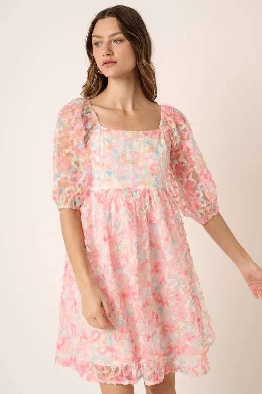 Flash Sale Starts Pink Combo 3D Texture Square Neck Babydoll Dress