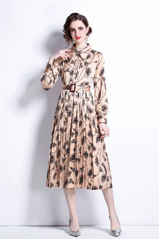 Women's Clothes Apricot & Print Day A-line Long Sleeve Below Knee Dress