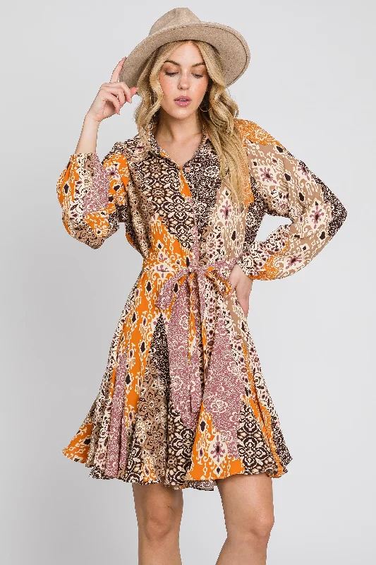 Discounted Prices, Elevated Looks Brown Multi Button Down Flare Dress