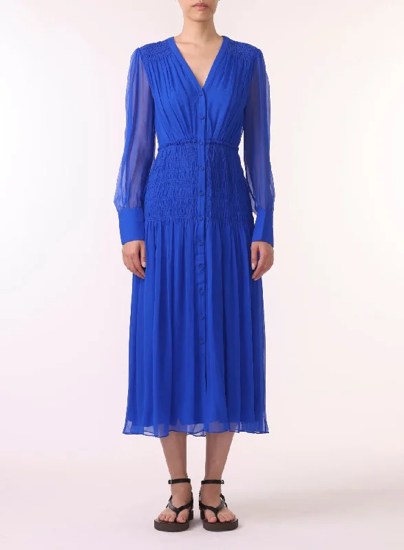 Chic Women's Garments Long Sleeve V-neck Chiffon Dress W/smocking Detail