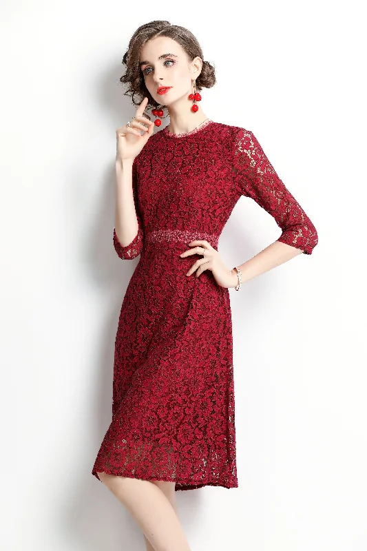 Timeless Classics Red Cocktail & Party A-line Crewneck Elbow Sleeve Knee Lace Dress Timeless Classics Red Cocktail & Party A-line Crewneck Elbow Sleeve Knee Lace Dress