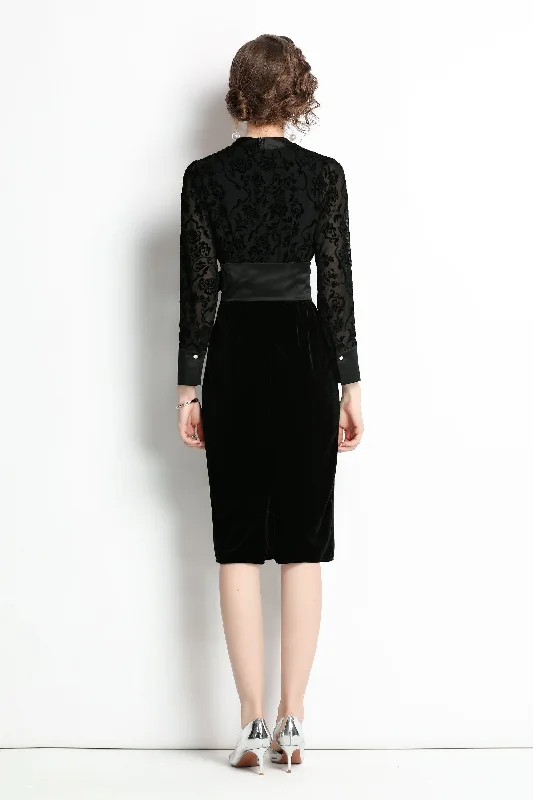 Flash Sales This Week Black Evening Bodycon V-neck Long Sleeve Knee Dress with Bow