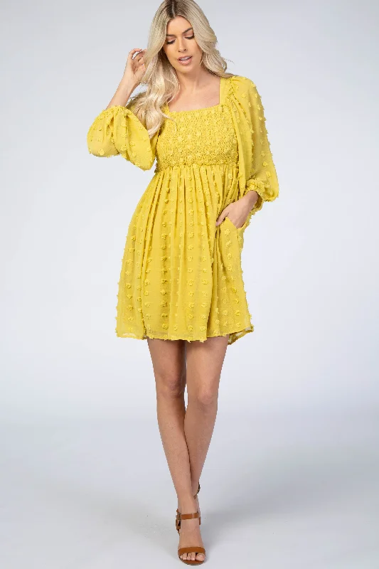 Stylish Fashion Clearance – Last Chance To Save Yellow Textured Dot Smocked Square Neck Chiffon Dress