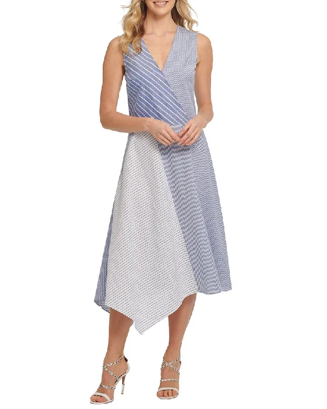 Sale Ends Soon – Don't Miss Out DKNY Stripe Panel V-Neck Linen-Blend Dress