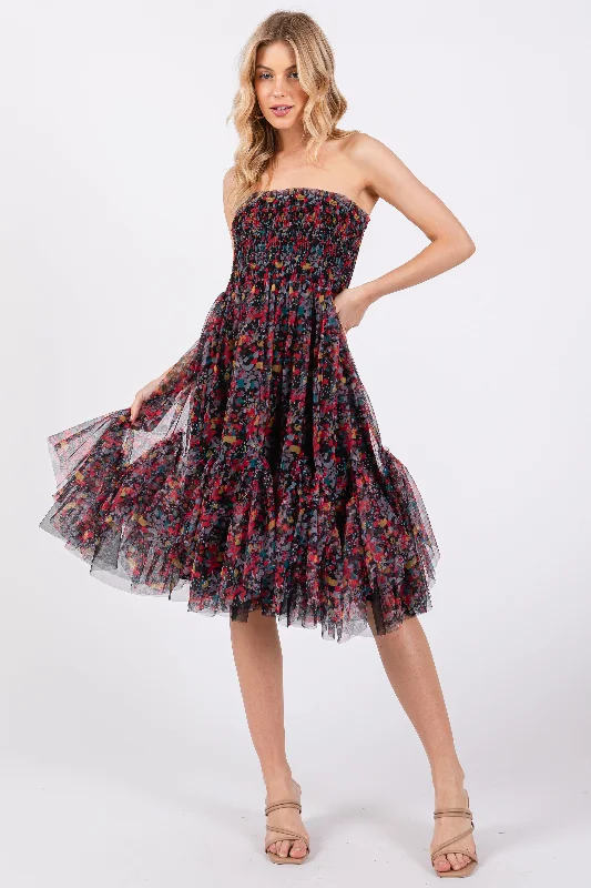Hurry – Weekend Sale Ends Soon Black Floral Sleeveless Smocked Ruffle Hem Dress