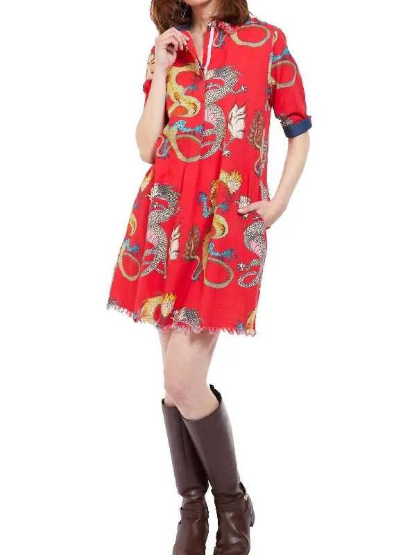 Best Online Boutiques For Women Chatham Dress In Red Ground Dragon Print