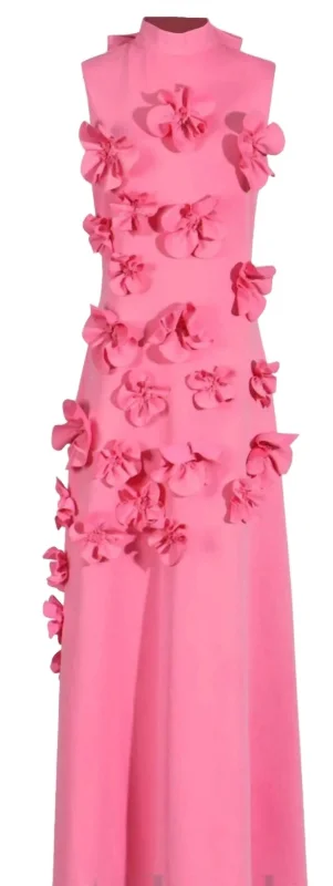 Minimalist Women's Fashion Clothing Women's Mock Neck 3D Flower Dress In Pink