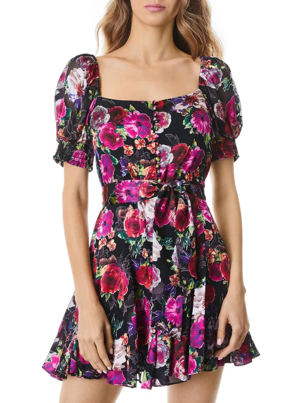 High End Fashion Mina Womens Puff Sleeve Square Neck Fit & Flare Dress