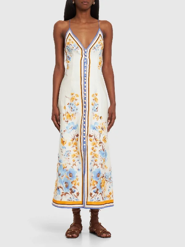 Exclusive Sale Halcyon Printed Linen Maxi Slip Dress In Orange/blue Floral