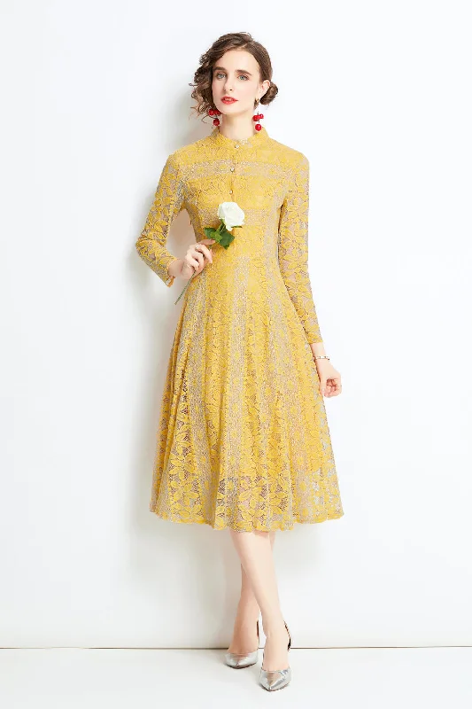 Clothes For Women Yellow Evening Buttoned Lace A-line High Neck Long Sleeve Below Knee Dress