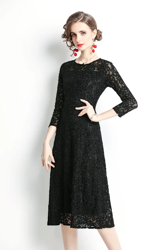 Big Savings Black Evening Classic A-line Crewneck Bracelet Below Knee Lace Dress