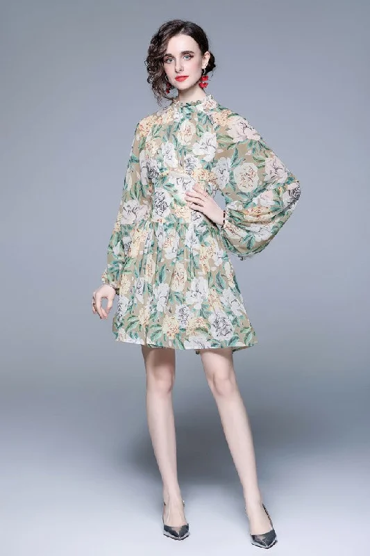 Women's Evening Outfit Pale green & Floral print Day A-line Long Sleeve Jewel Above Knee Dress