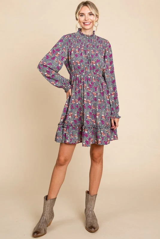 Flash Sale – Stunning Outfits At Exclusive Prices Grey Floral Print Smocked Yoke Dress