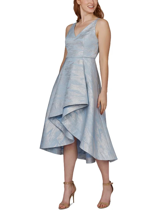Limited Styles Petites Womens Metallic Hi-Low Fit & Flare Dress