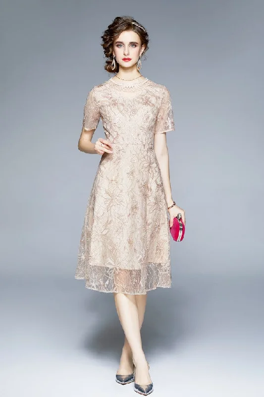 Sales Clothes Apricot Evening A-line Crewneck Short Sleeve Below Knee Lace Dress
