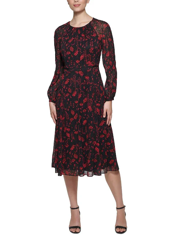 Women's Elegant Outfit Petites Womens Chiffon Floral Fit & Flare Dress