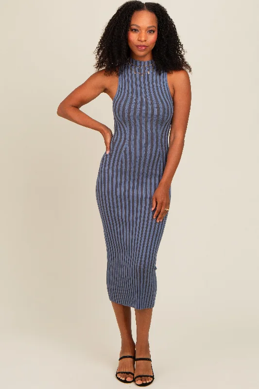 Sunday Specials – Shop & Save Blue Ribbed Knit Mock Neck Fitted Dress