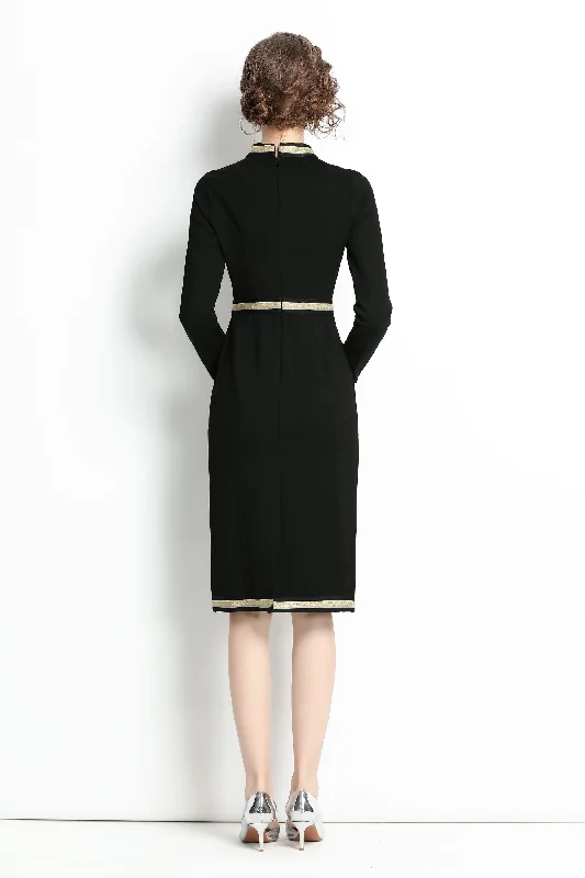 Minimalist Style Black Office Bodycon Crewneck Long Sleeve Knee Elegant Dress