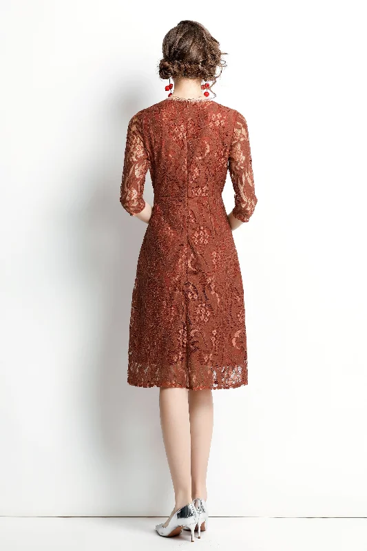 Best Sellers Brown Cocktail & Party A-line Crewneck Elbow Sleeve Knee Lace Dress