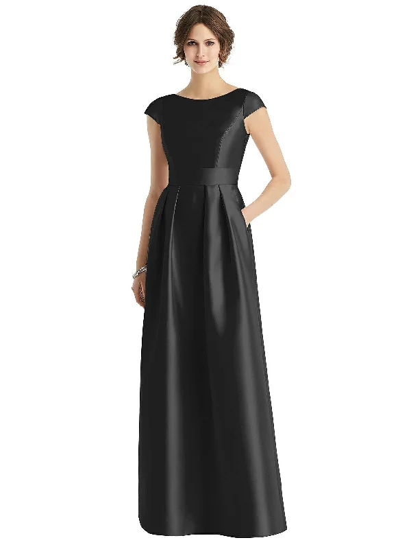Elegant Styles Cap Sleeve Pleated Skirt Dress with Pockets