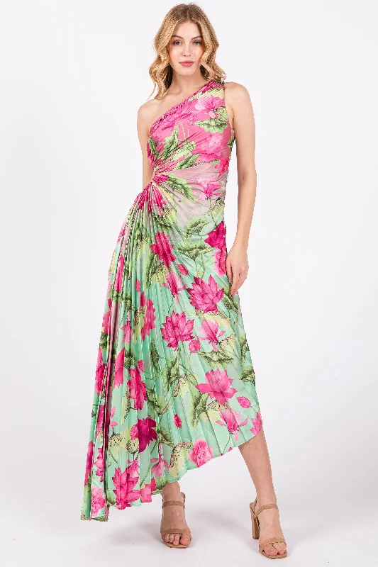 Special Savings Event Happening Now Pink Floral Pleated One Shoulder Cutout Dress