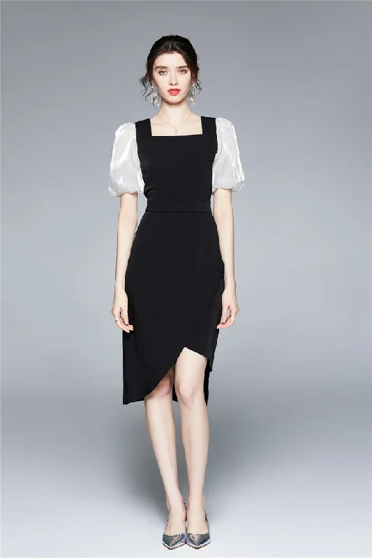 Shop Ladies Clothes Black & White Office Fitted Squareneck Short Sleeve Above Knee Dress