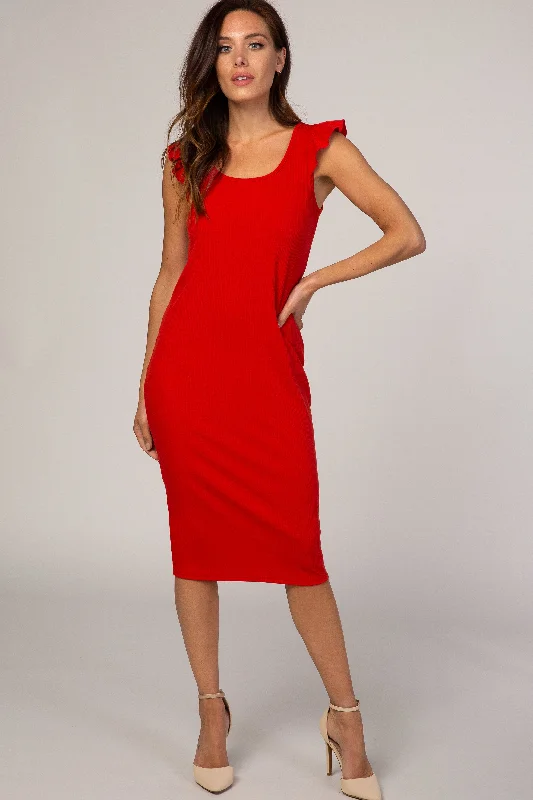 Best-Selling Outfits Now At Exclusive Promotional Prices Red Flounce Sleeve Ribbed Dress