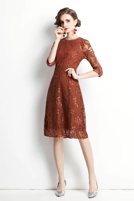 Women's Clothes Online Shopping Brown Cocktail & Party A-line Crewneck Elbow Sleeve Knee Lace Dress