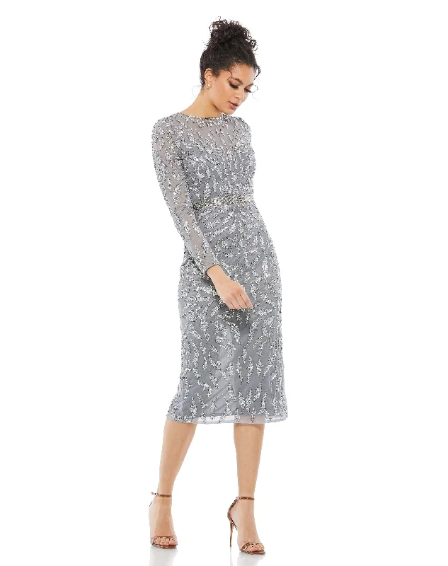 Elegant Simplicity Wardrobe Embellished Long Sleeve Column Dress