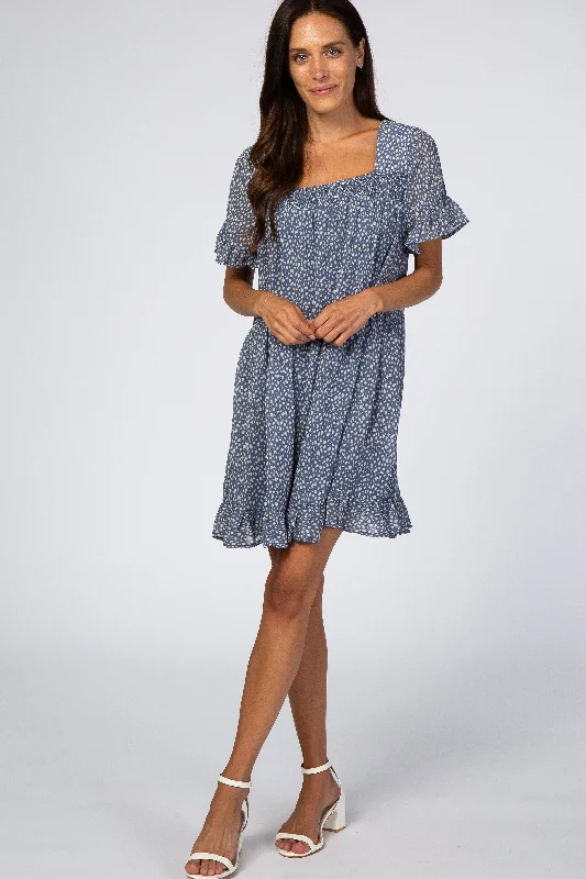 Trendy Clothing, Unbeatable Disco Blue Printed Chiffon Square Neck Ruffle Trim Dress