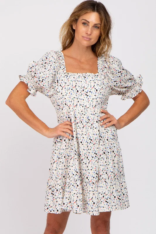 Huge Price Cuts On Your Must-Haves Ivory Printed Puff Sleeve Tiered Dress