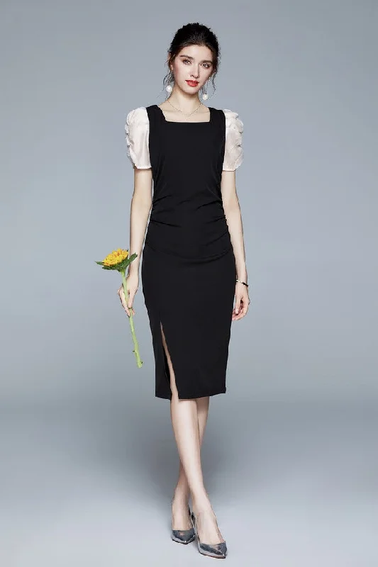 Women's Elegant Outfit Black Office Bodycon Squareneck Short Sleeve Below Knee Dress