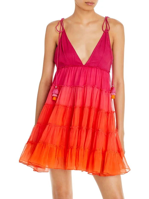Latest Trends Womens Tiered Pom-Pom Fit & Flare Dress