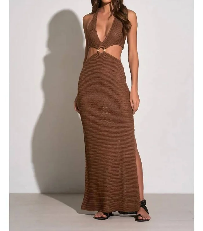 Trendy Athleisure Clothing For Women Crochet Maxi Halter Cut Out Dress In Brown