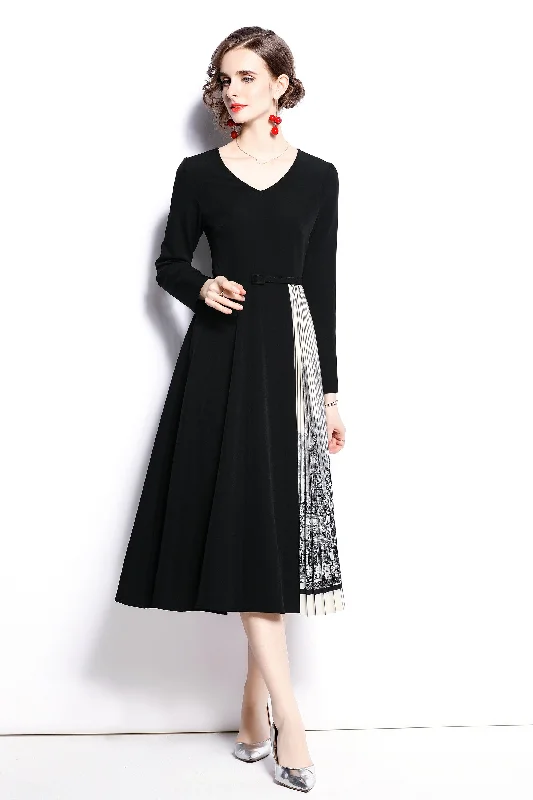 Trendy Street Style Clothing Black & White Office A-line V-neck Long Sleeve Below Knee Dress Trendy Street Style Clothing Black & White Office A-line V-neck Long Sleeve Below Knee Dress