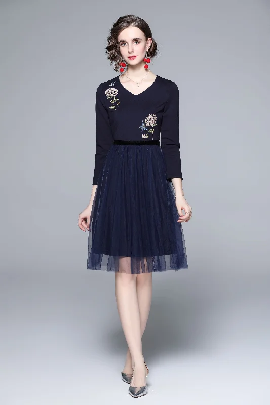 Women's Vacation Garments Navy Day A-line V-neck 3/4 Sleeves Knee Dress